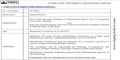 Executive Director - Operations BE BTech Engineering Job Opportunities in TNPL