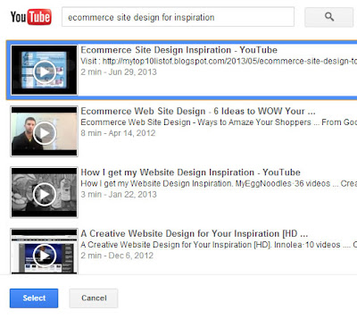 4. New frame will open.From most left side select "From Youtube". 5. Inside the search bar search the video you want to embed or paste the url of video which you want to embed.Hit ENTER or click on magnifying glass button.  6.Result will be shown.Select particular video and click on "Select" button below.