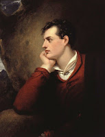 English poet Lord Byron, portrayed by Richard Westall c.1813, related to Delacroix's Greece on the Ruins of Missolonghi.