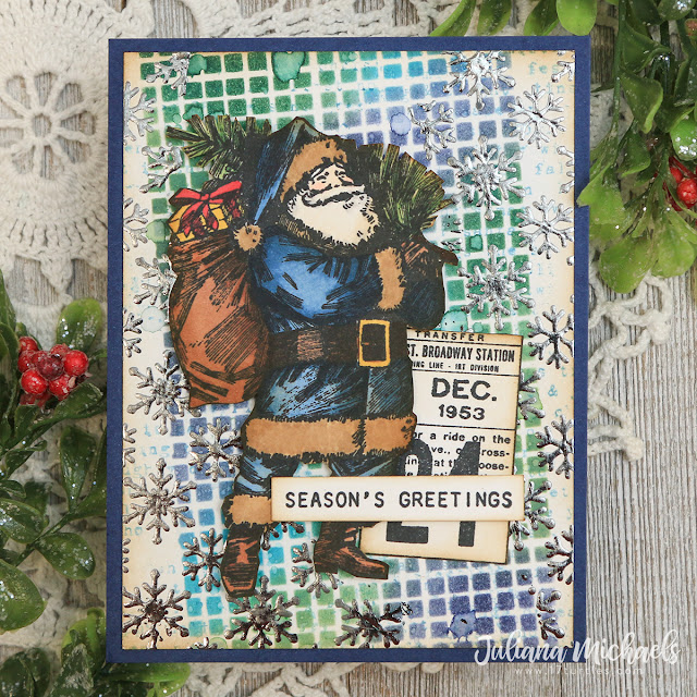 Season's Greetings Christmas Card with Stenciled Backgrounds with Distress Ink and Foil by Juliana Michaels