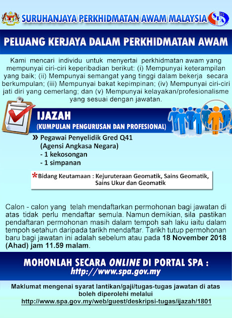 Permohonan Jawatan Kosong Pegawai Penyelidik Gred Q41