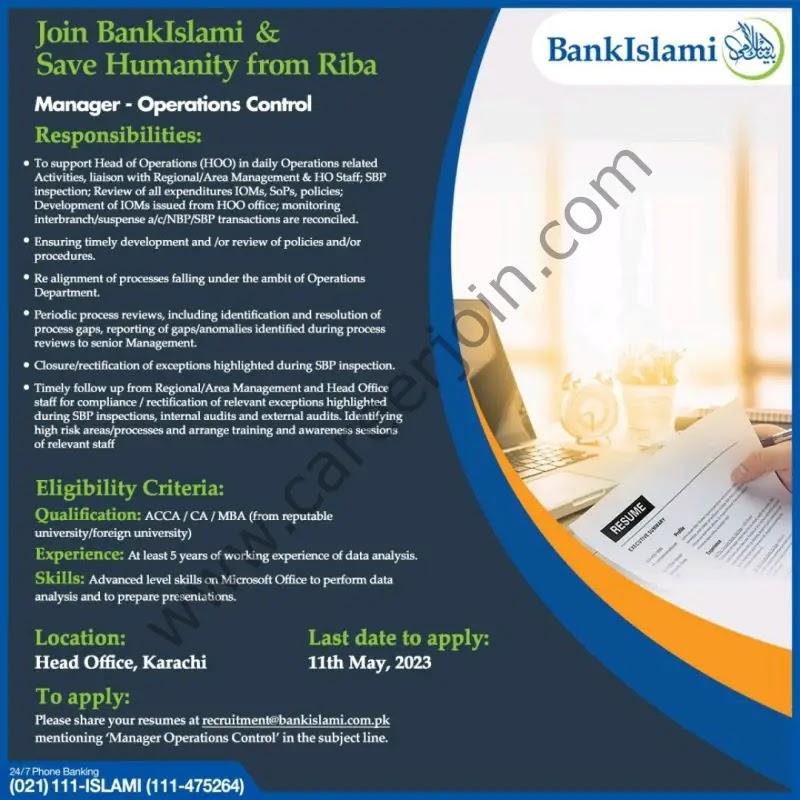 Bank Islami Pakistan Ltd Jobs Manager Operations Control