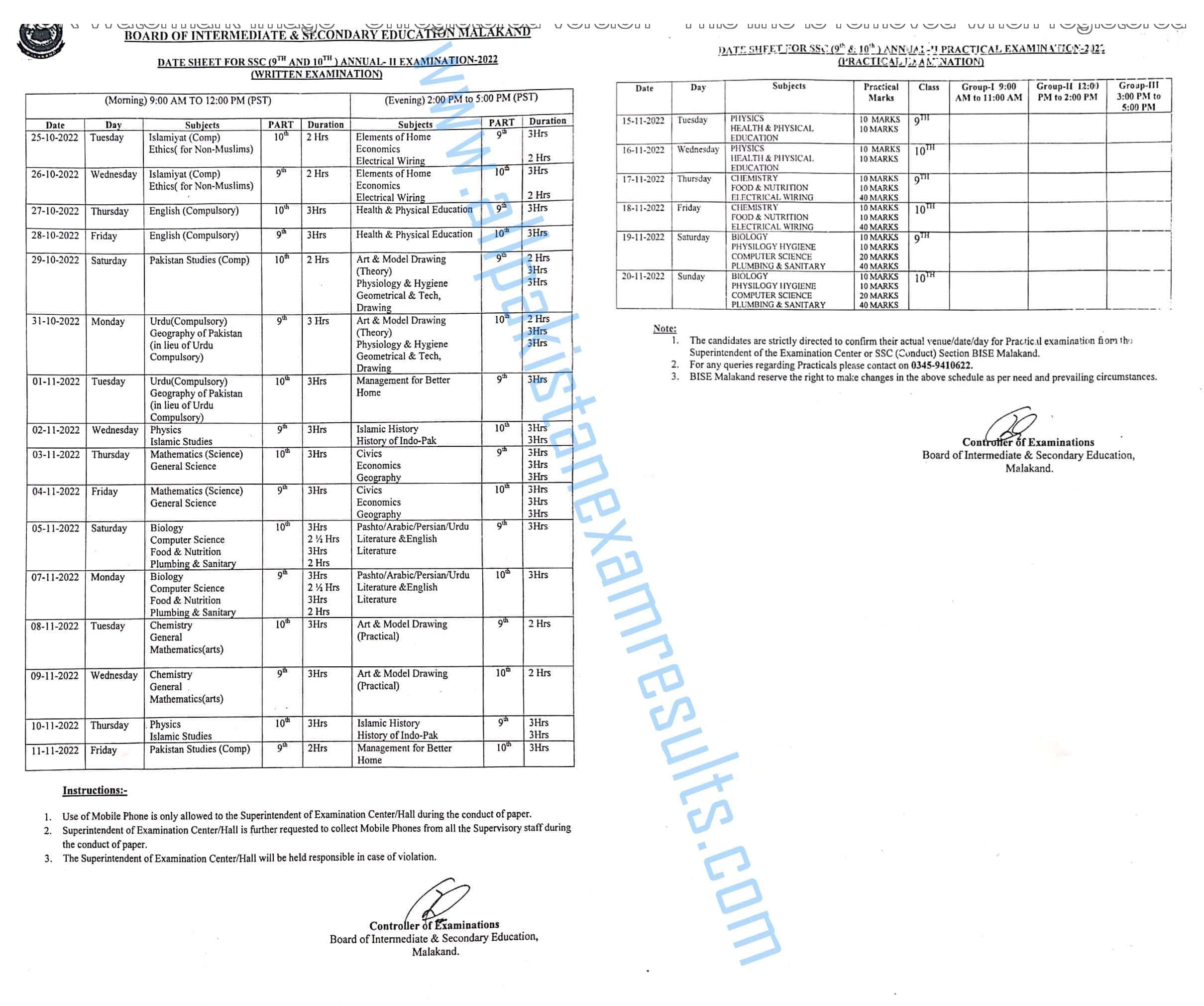 Malakand Board Date Sheet 9th & 10th Class 2nd Annual 2022
