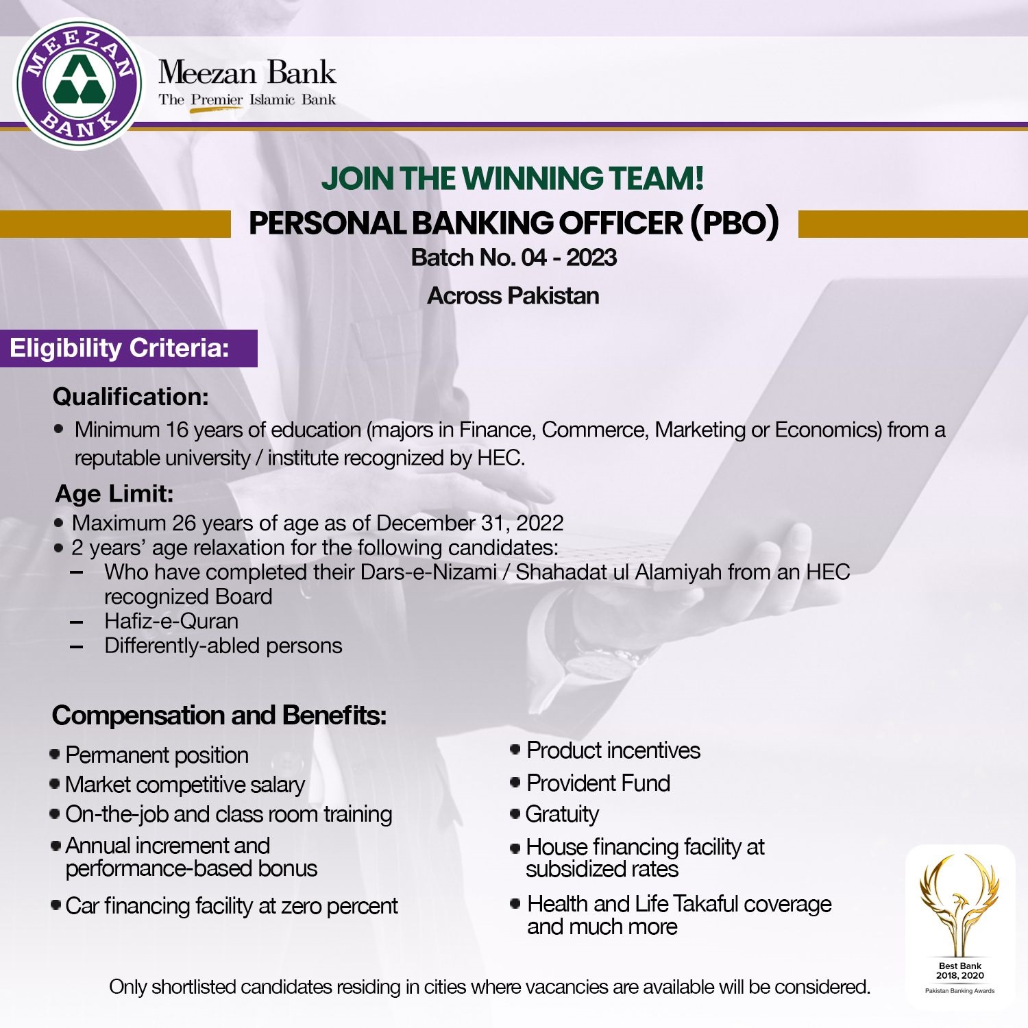 Meezan Bank is looking to hire highly talented and energetic individuals for its Personal Banking Officer (PBO) Batch 2023.