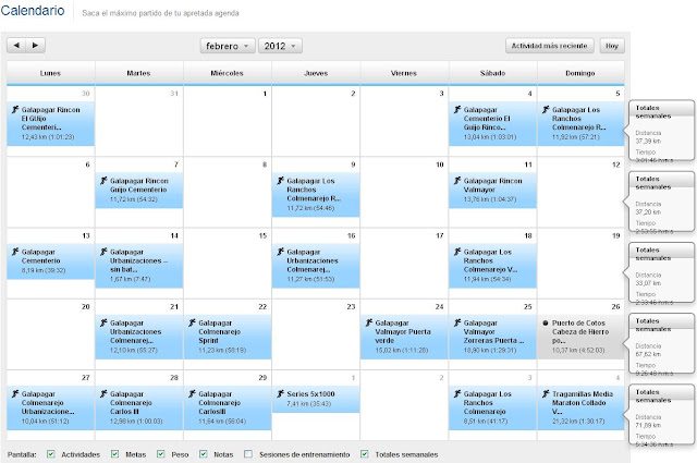 Calendario entrenamientos Febrero