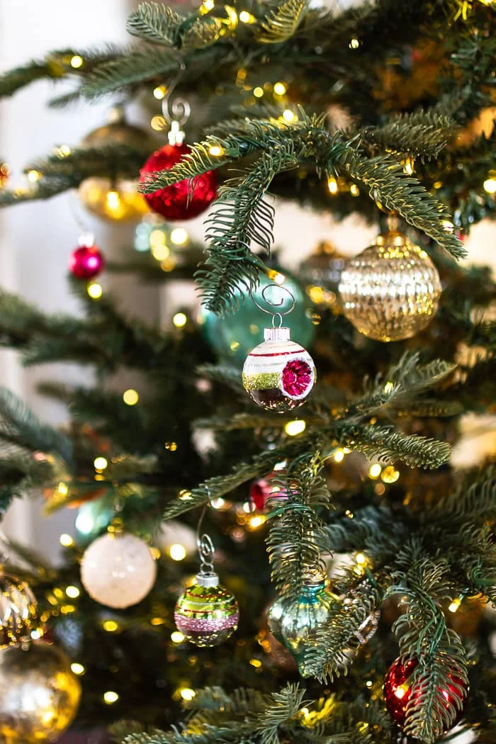 shiny ball ornaments, Christmas tree, lights