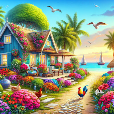 Wooden cottage by the shore with flowers and chickens.