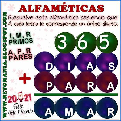 Alfamética, Criptoaritmética, Criptosuma, Navidad,  Matemática y Navidad, Matemática y Año Nuevo, Suma de Palabras, Desafíos matemáticos, Retos matemáticos, Problemas matemáticos