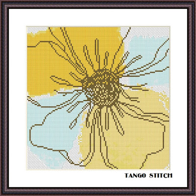 Abstract watercolor blue yellow flower cross stitch pattern  - Tango Stitch