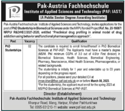 Latest Pak Austria Fachhochschule Institute of Applied Sciences & Technology Management Posts Haripur 2023