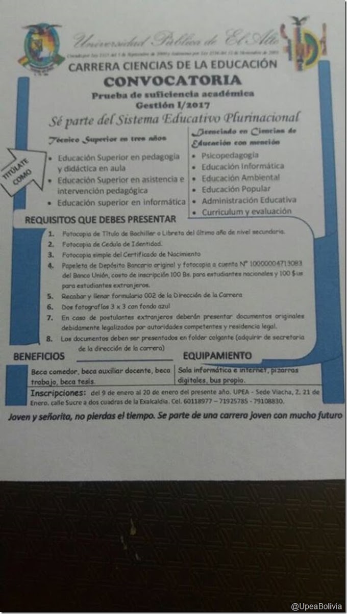 UPEA 2017: Convocatoria para la prueba de suficiencia académica de la carrera Ciencias de la Educación (Sede Viacha)