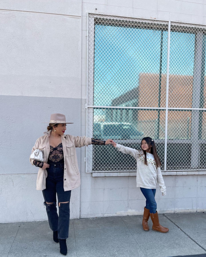 mom and daughter duo fall outfits with sweater jackets, hat