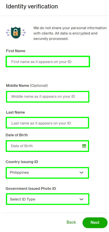enter name last name dob country id type upwork verification
