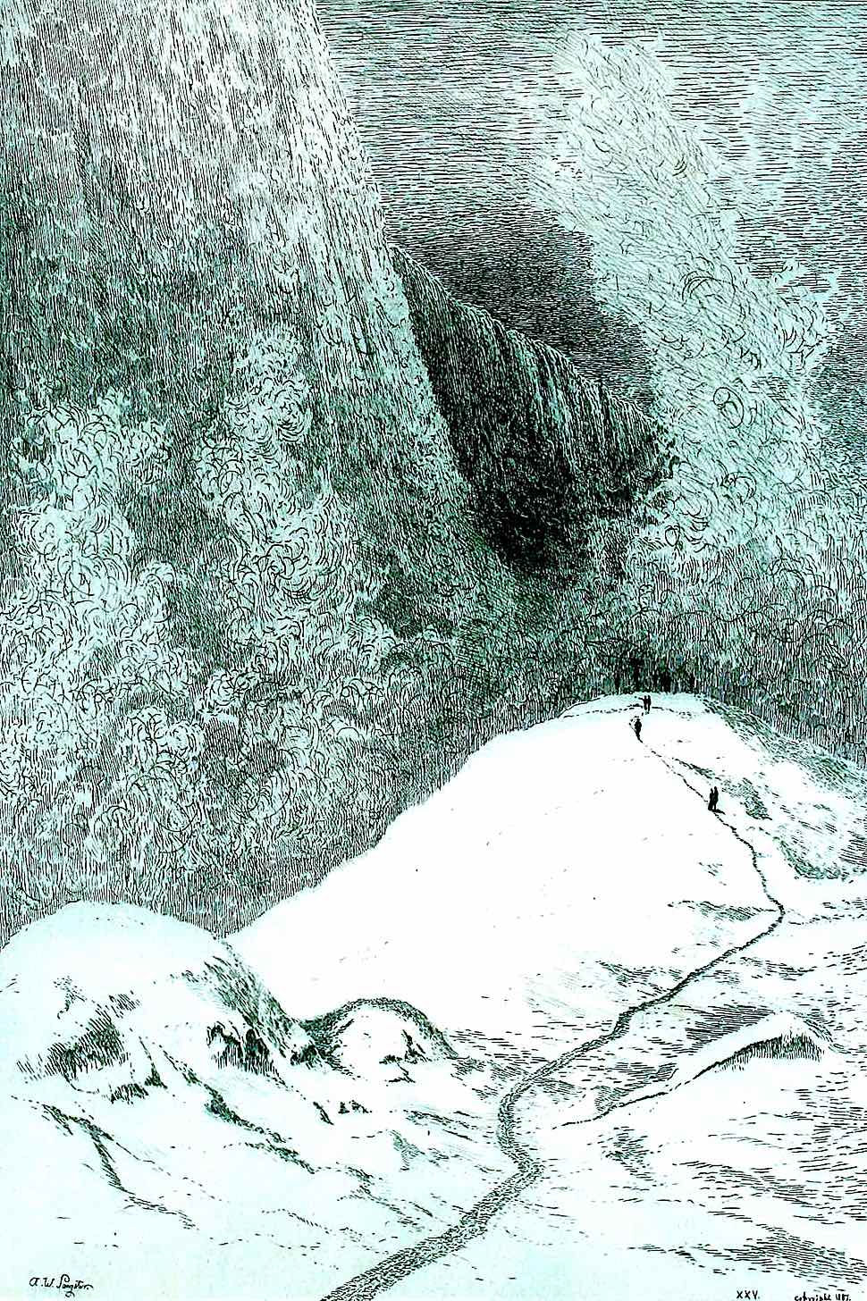 an illustration of a 1886 winter path below Niagara Falls