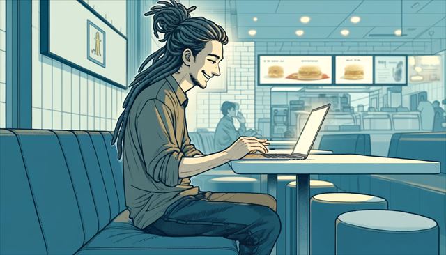 Illustrate a wide scene capturing the moment of a Japanese man with dreadlocks, dressed casually, sitting in a fast food restaurant, possibly McDonald's, working on his laptop. He is feeling happy and motivated after receiving a positive comment on his online post. The setting should convey a sense of satisfaction and productivity, with the man positioned in a way that his back is against the wall, ensuring privacy while he types. The atmosphere should be simple and minimalistic, highlighting the man's focus and the cozy ambiance of his preferred working spot.