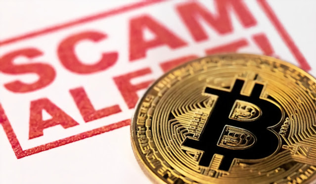 scam with Bitcoin cryptocurrency symbol on white background closeup