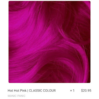 Screenshot of a magenta hair swatch. Text reads "Hot Hot Pink | CLASSIC COLOUR; MANIC PANIC; x1 $20.95".