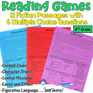 These reading games are perfect for test prep! This set includes 12 fiction passages written for 3rd grade students. After reading each passage, students answer 6 multiple choice questions. Reading skills include central message, character traits, context clues, cause and effect, figurative language, and more!