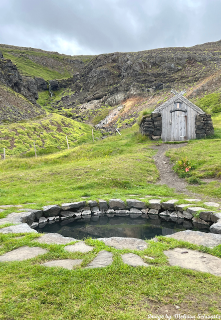 The hot pot and cute changing hut at Guðrúnarlaug Hot Pot entice.