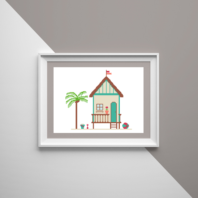 Beach Hut with Palm Tree and Beach Toys - cross stitch pattern