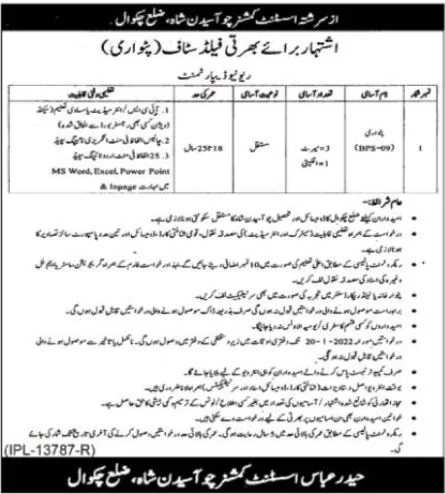 Patwari Jobs in Assistant Commissioner Choa Syedan Shah | Pak jobs