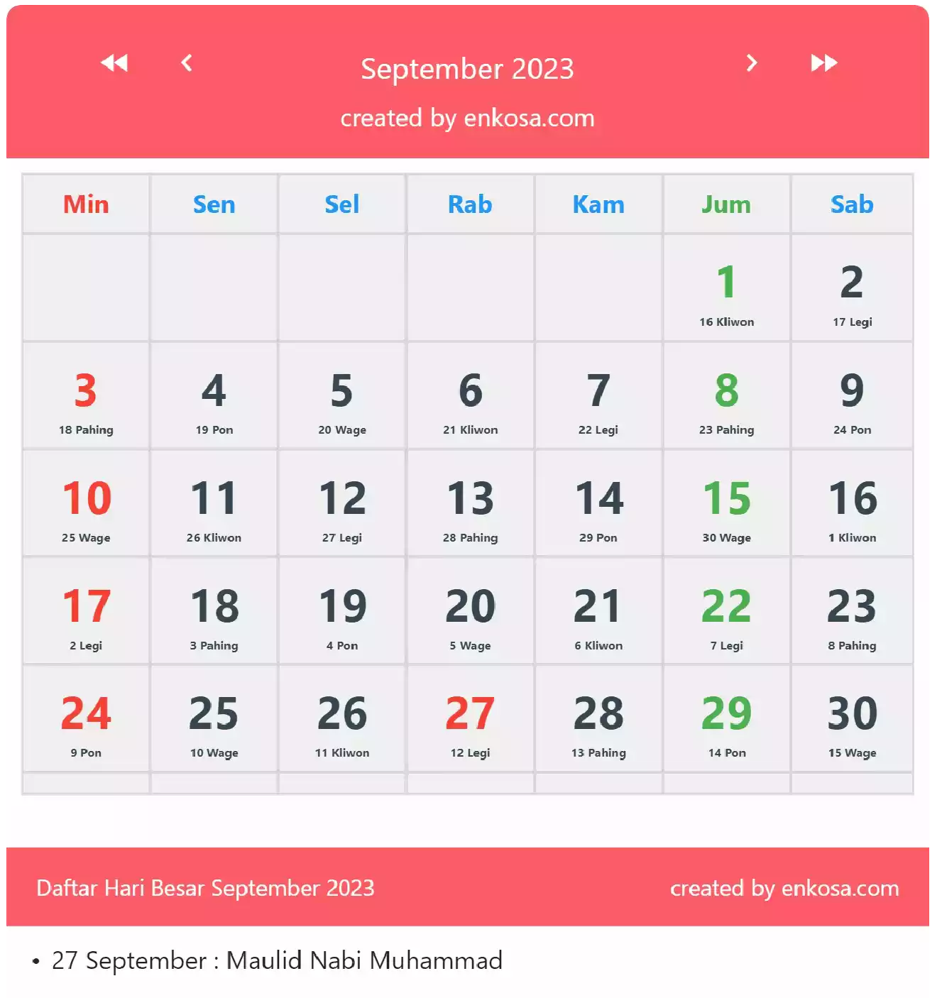 September 2023 Monthly Calendar Complete