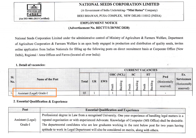 Assistant Legal (03 posts) at National Seeds Corporation Ltd - last date 31/08/2020