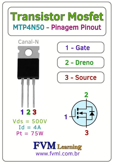 Datasheet-Pinagem-Pinout-Transistor-Mosfet-Canal-N-MTP4N50-Características-Substituição-fvml