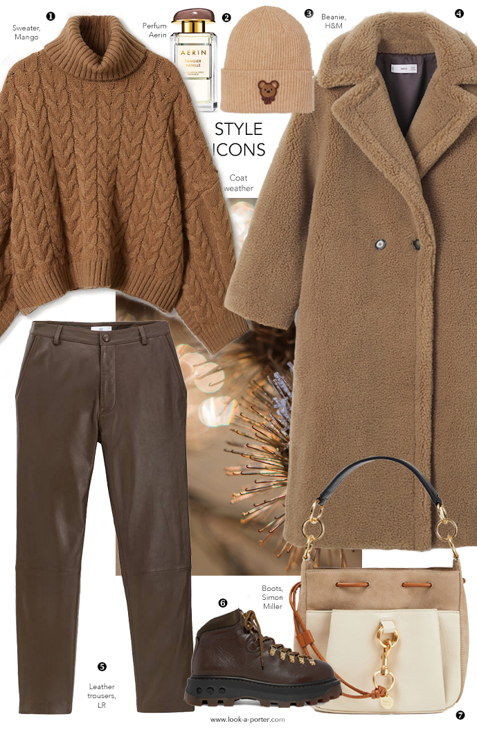 Styling Teddy coat inspired by MaxMara, leather trousers, combat boots, Chloe bag & cable knit sweater in brown and tan colours, ootd, how to wear inspiration