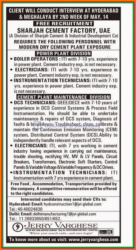 Free Recruitment for Sharjah Cement Factory UAE