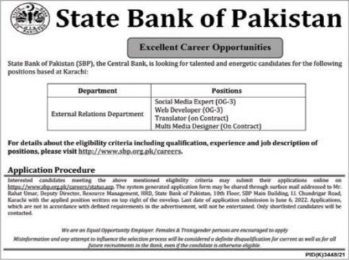 Latest State Bank of Pakistan SBP Bank Posts Karachi 2022