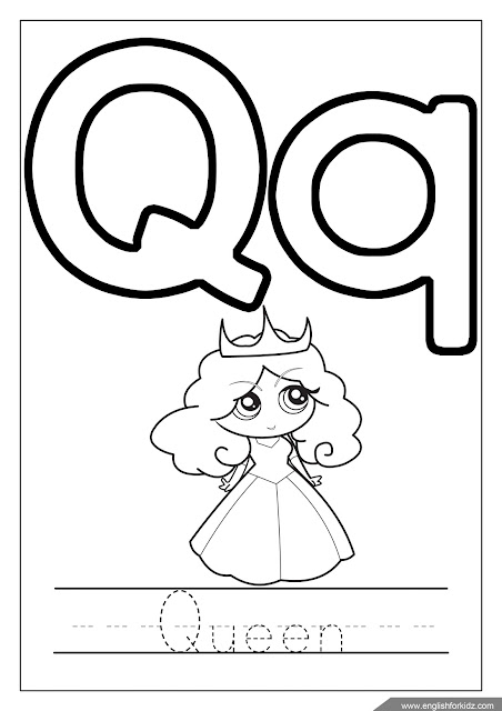 Letter q coloring, queen coloring, ABC coloring page