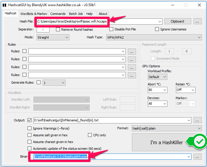 adding binary and hash file in hashcat gui windows tool