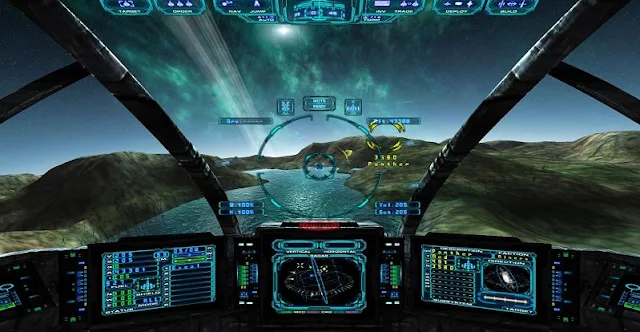 Screenshot from a video game "Evochron Mercenary" showing a spaceship cockpit