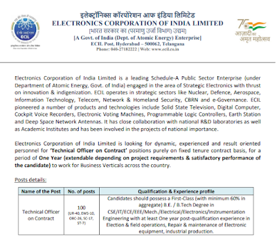 ECIL Technical Officer 2023 Walk in   Total Vacancy: 100  Electronic Corporation Of India Limited (ECIL) Ltd has advertised a Notification for the recruitment of Technical Officer Vacancy on Contract basis. Those Candidates who are interested in the vacancy details & completed all eligibility criteria can read the Notification & Attend.  Electronic Corporation Of India Limited (ECIL) Ltd,Technical Officer Vacancy 2023