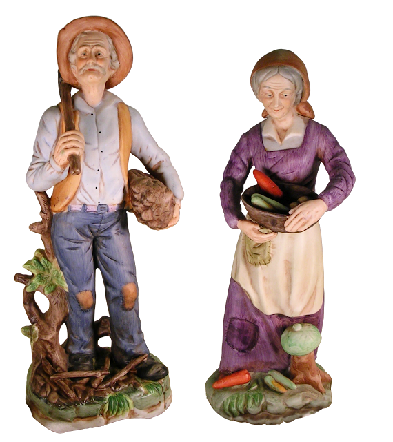 Well detailed and beautifully designed old man and old woman bisque pieces from Italy, with the man being a woodcutter, and the woman carrying a large bowl of vegetables.