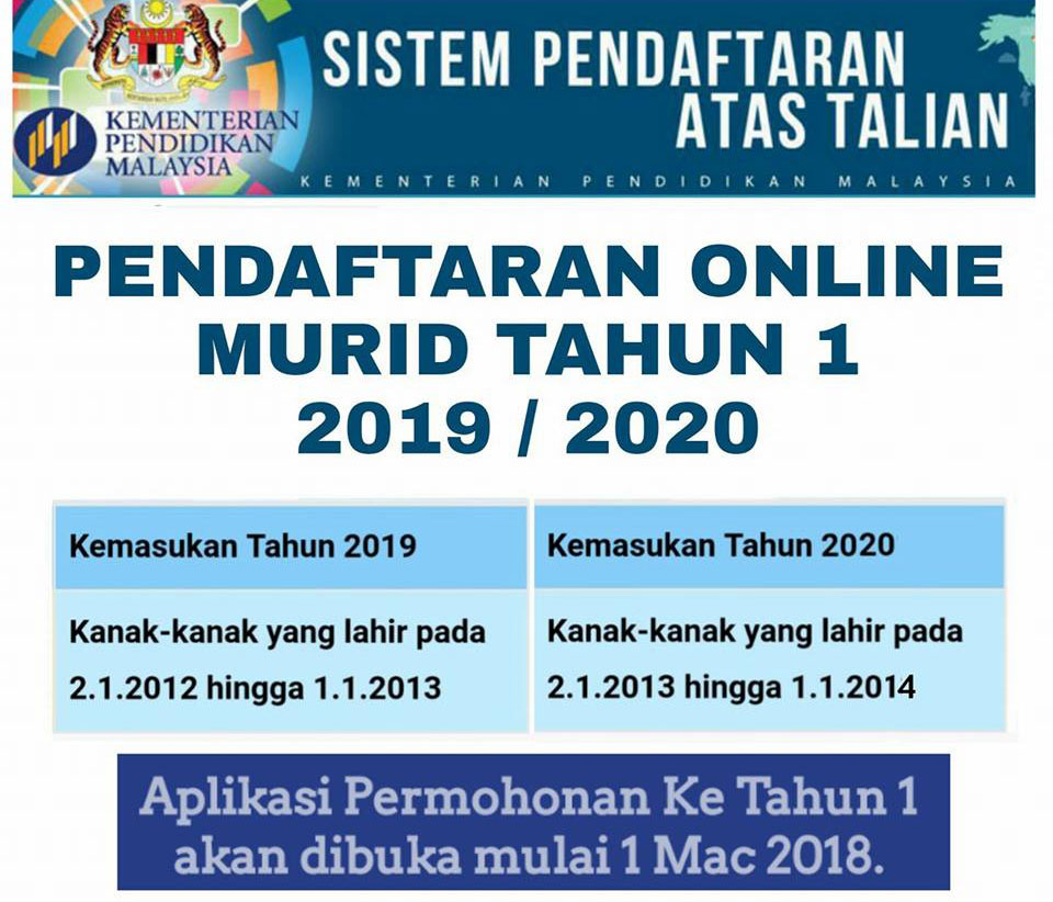 Tarikh Pendaftaran Murid Tahun 1 Sesi 2019 / 2020 Online ...