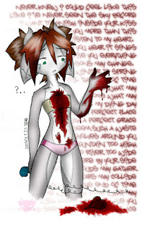 A digital painting of a girl with her heart torn out and bleeding, the organ laying in front of her. She has a large bandage over the wound, and is holding a corded telephone.