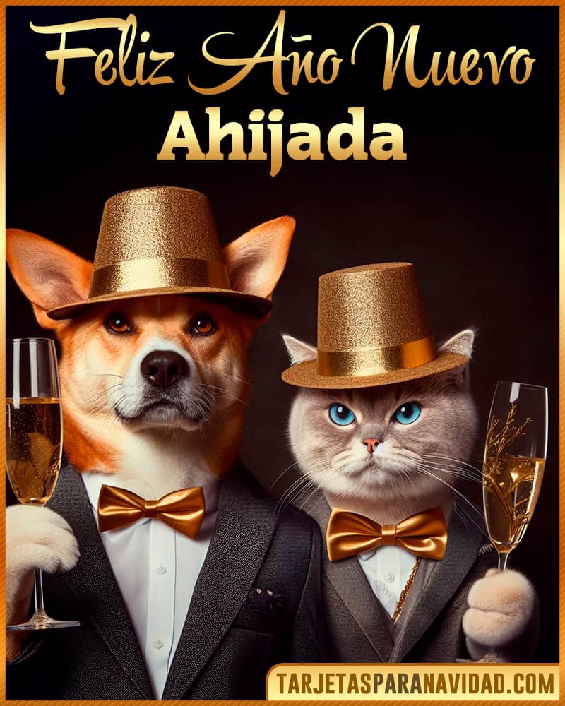 Tarjeta De Feliz Año Nuevo De Perro Y Gato Para Ahijada