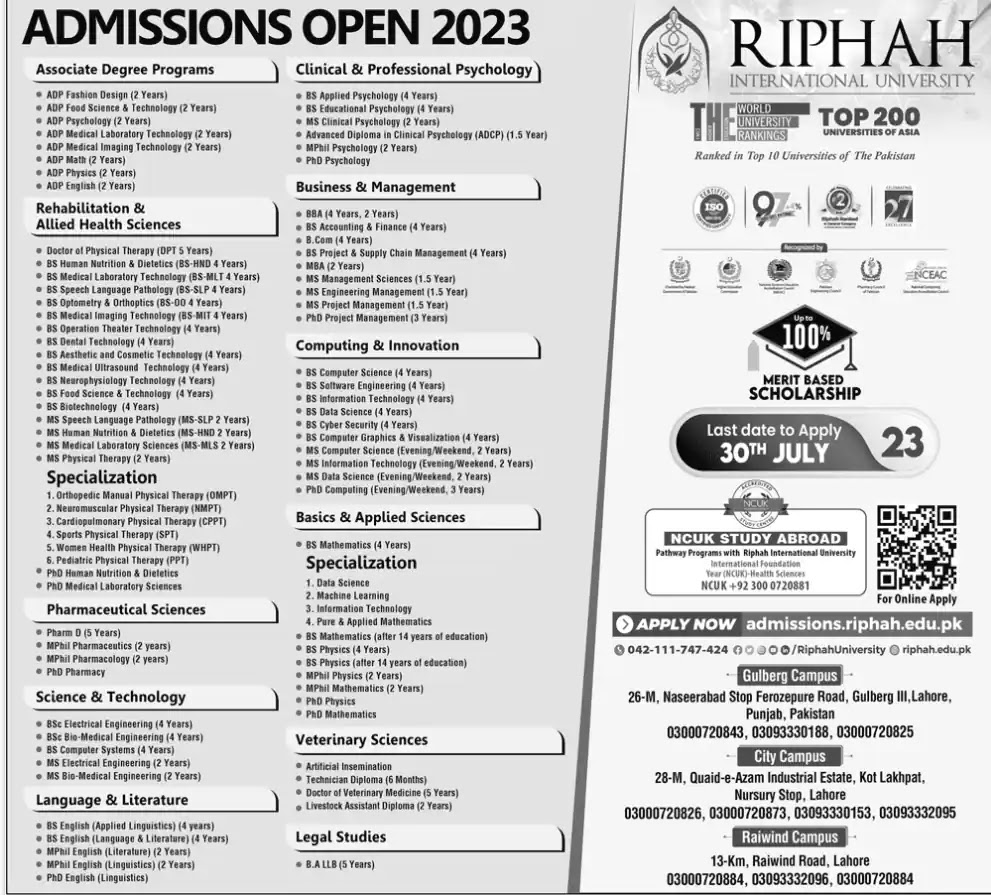 Riphah International University Admissions Open 2023 for Undergraduation and Postgraduation courses.