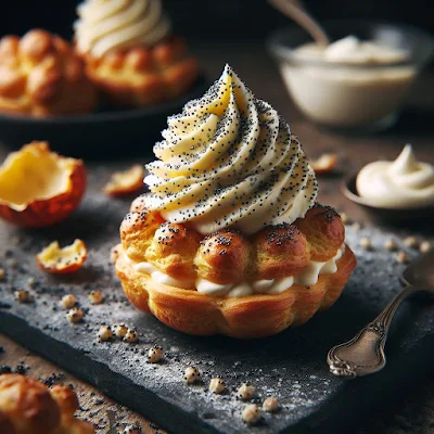 Auf dem Bild ist ein Windbeutel gefüllt mit einer Mohn-Quark-Creme und oben drauf einen dicken Tupfer Creme mit Mohn bestreut. Der Windbeutel sieht sehr lecker und appetitlich aus.