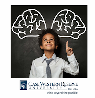 Case Western Reserve logo with child looking up at chalk drawing of brain image