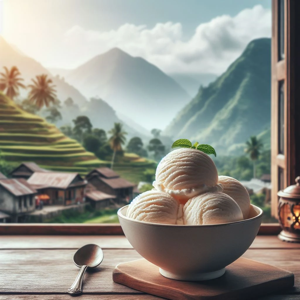 plato de helado de vainilla frente a una ventana con vista al campo