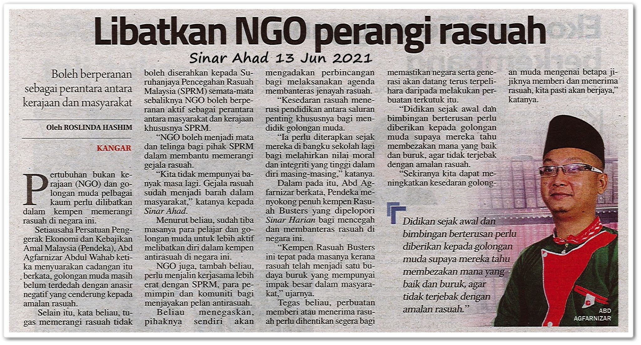 Libatkan NGO perangi rasuah - Keratan akhbar Sinar Ahad 13 Jun 2021