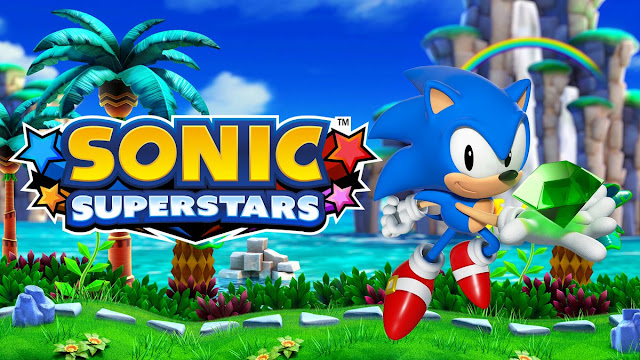 Arte de Sonic Superstars com o logotipo do jogo, uma arte de Sonic segurando uma Esmeralda do Caos e um fundo tropical.
