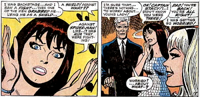 Amazing Spider-Man #60, don heck, john romita, at the club, mary jane watson is telling gwen stacy about the fight behind the scenes but then george stacy shows up and tells gwen there's nothing to worry about