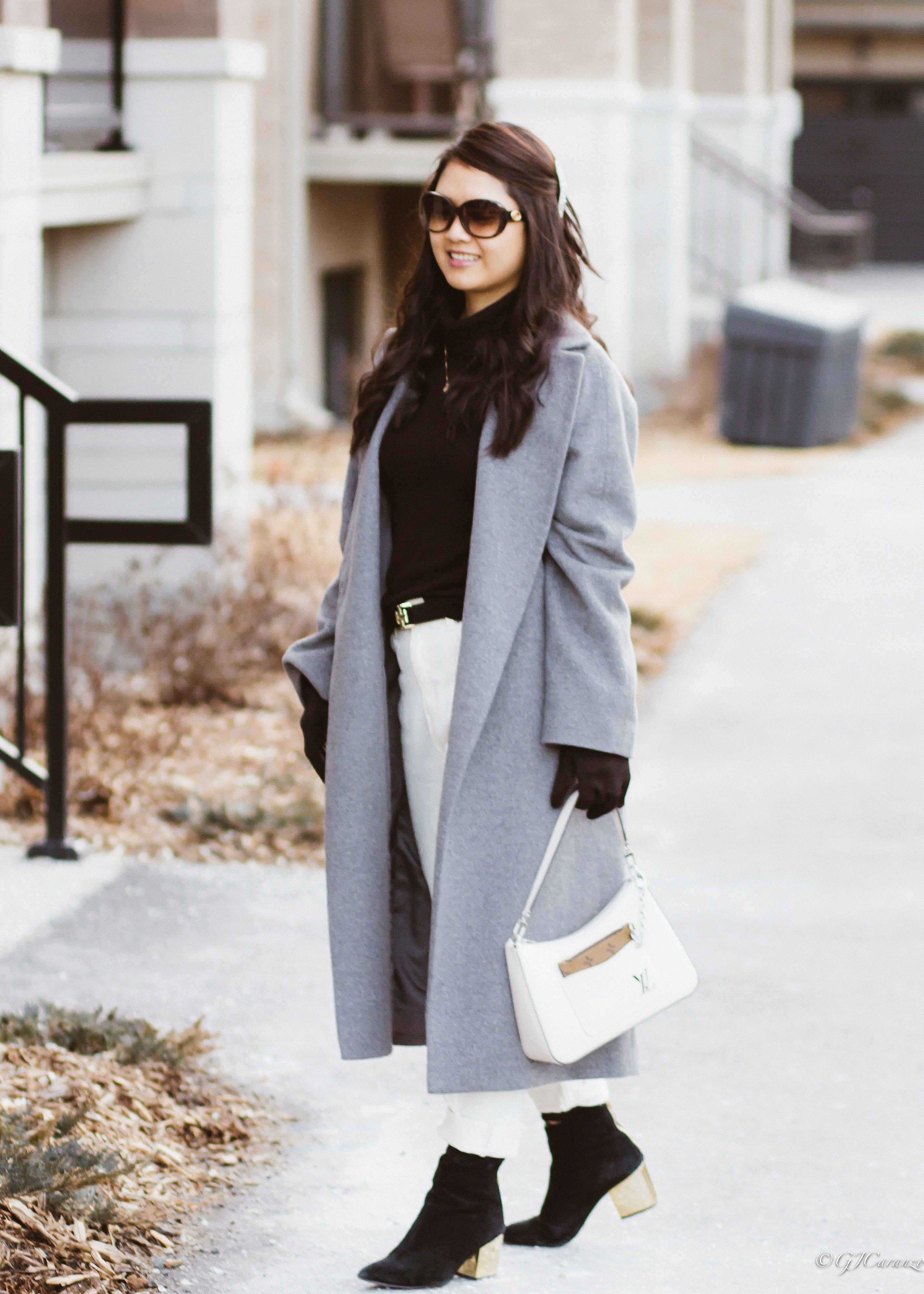 Uniqlo Long Gray Coat | Louis Vuitton Marelle Epi Leather Bag in Quartz | Mango White Jeans | Uniqlo Heattech Turtleneck | Gucci Sunglasses | Steve Madden Booties | Spring Outfit Idea | Petite Fashion