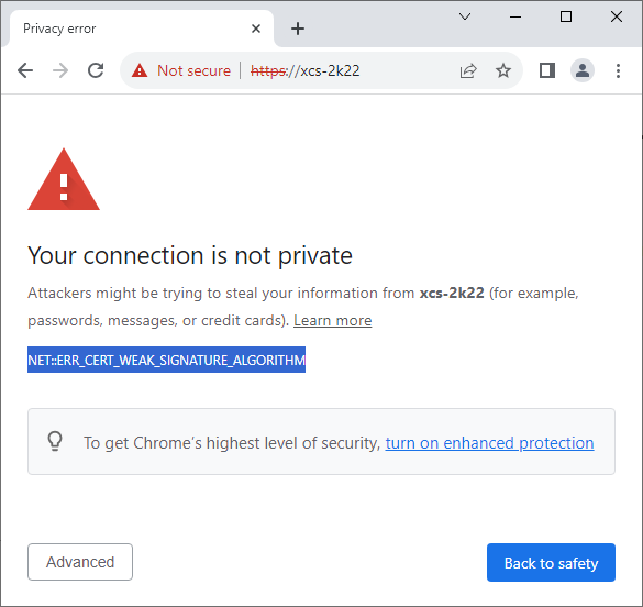 Screenshot of error NET::ERR_CERT_WEAK_SIGNATURE_ALGORITHM in Google Chrome