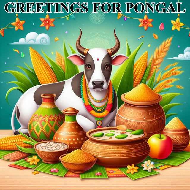 Pongal greetings with food, crops and cows