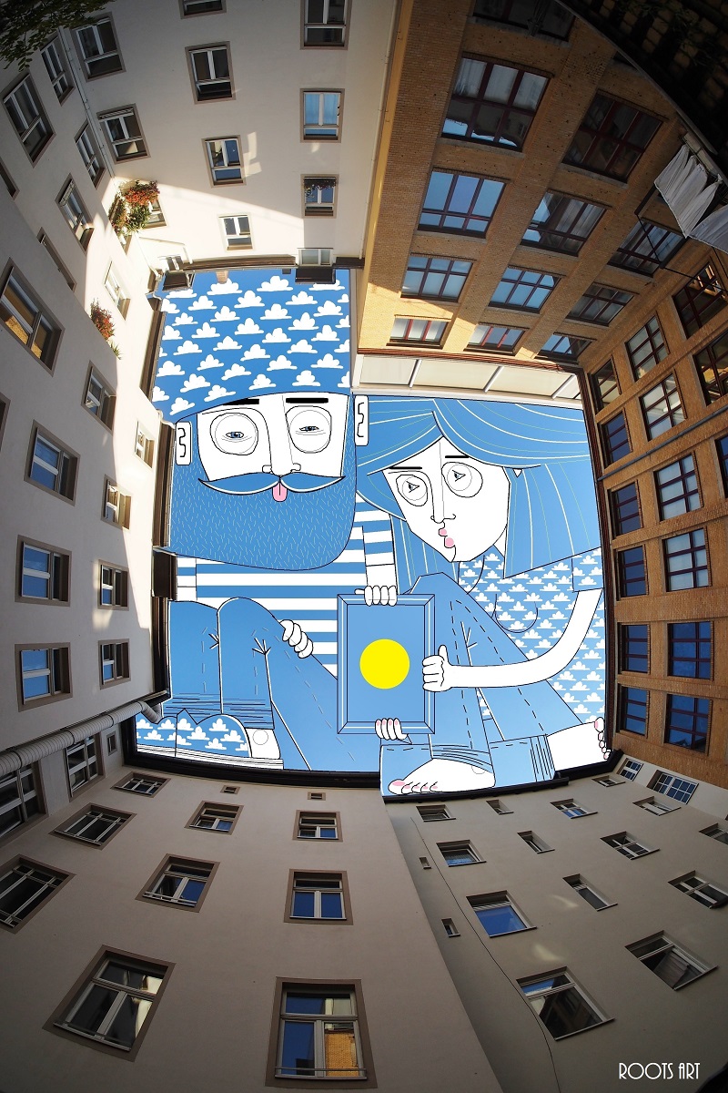 建物と建物の間の空には巨人がいる 空に絵を描いたアート A ミライノシテン